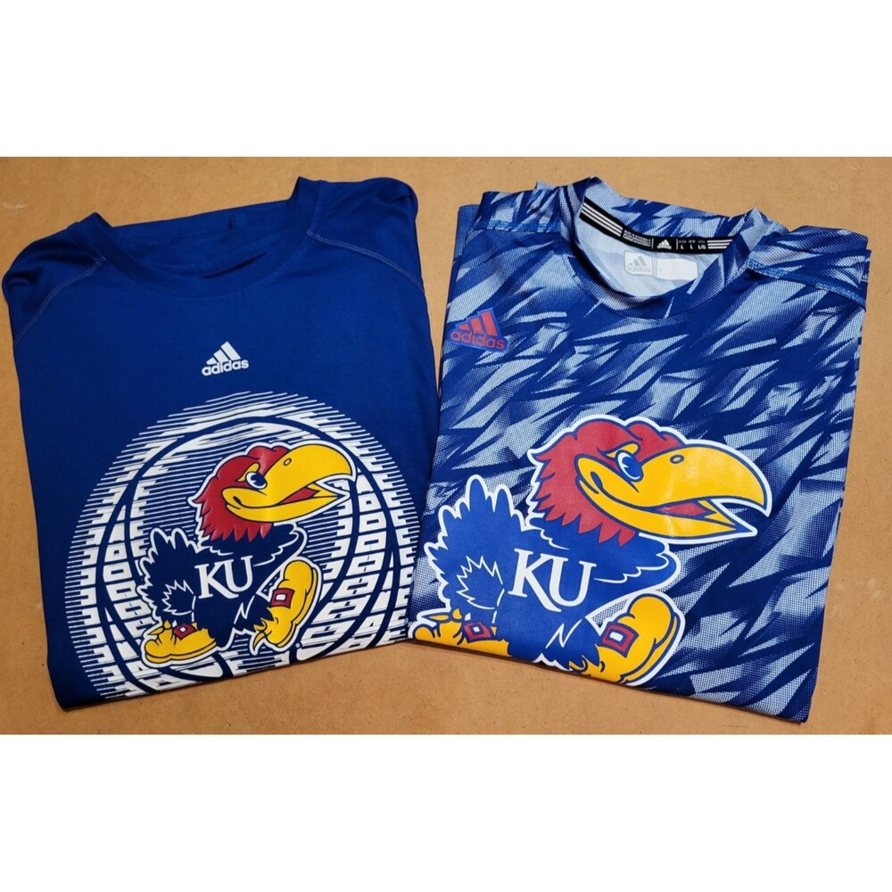 Lot of 2 Kansas Jayhawks Adidas Shirts Men's L Blue KU Graphic Tees T-Shirts